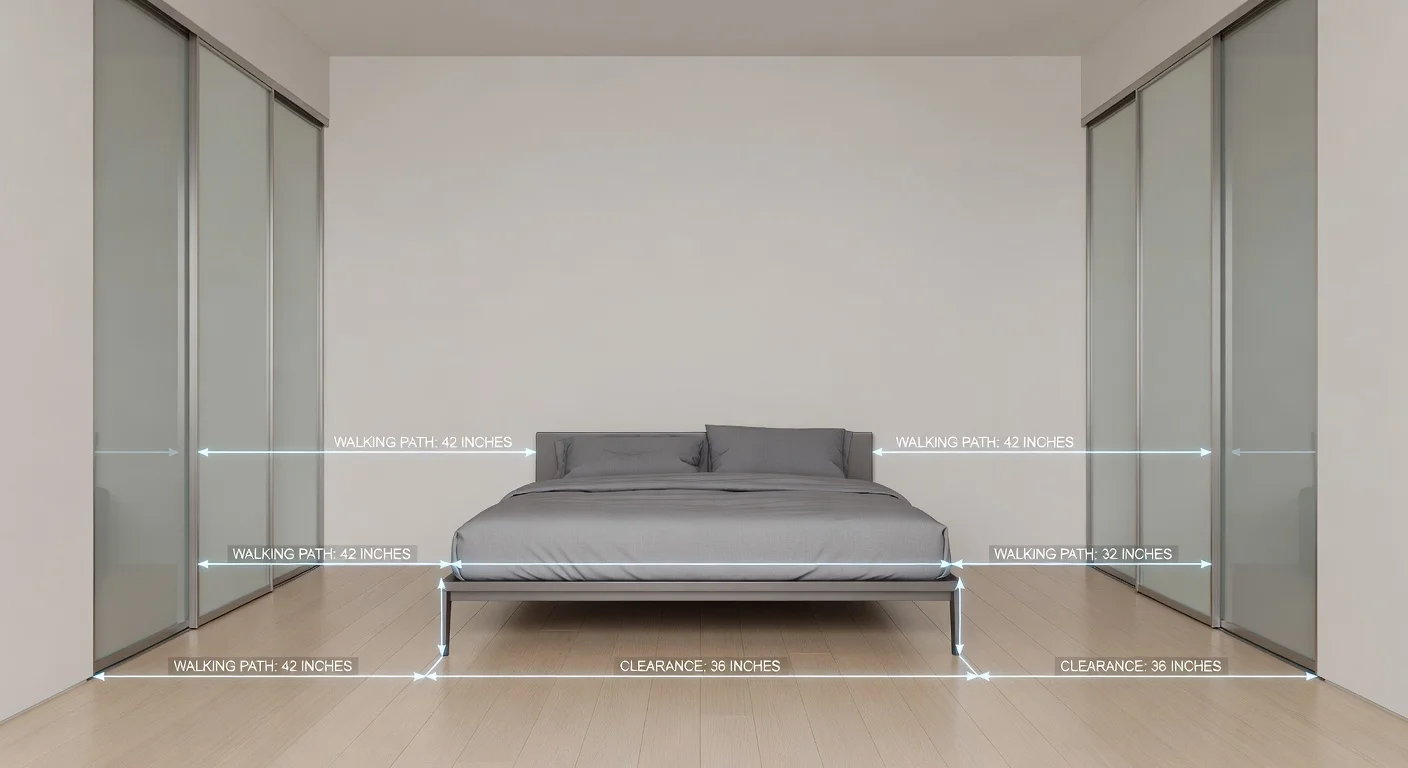Bedroom floor plan showing specific mattress clearances and walking paths.