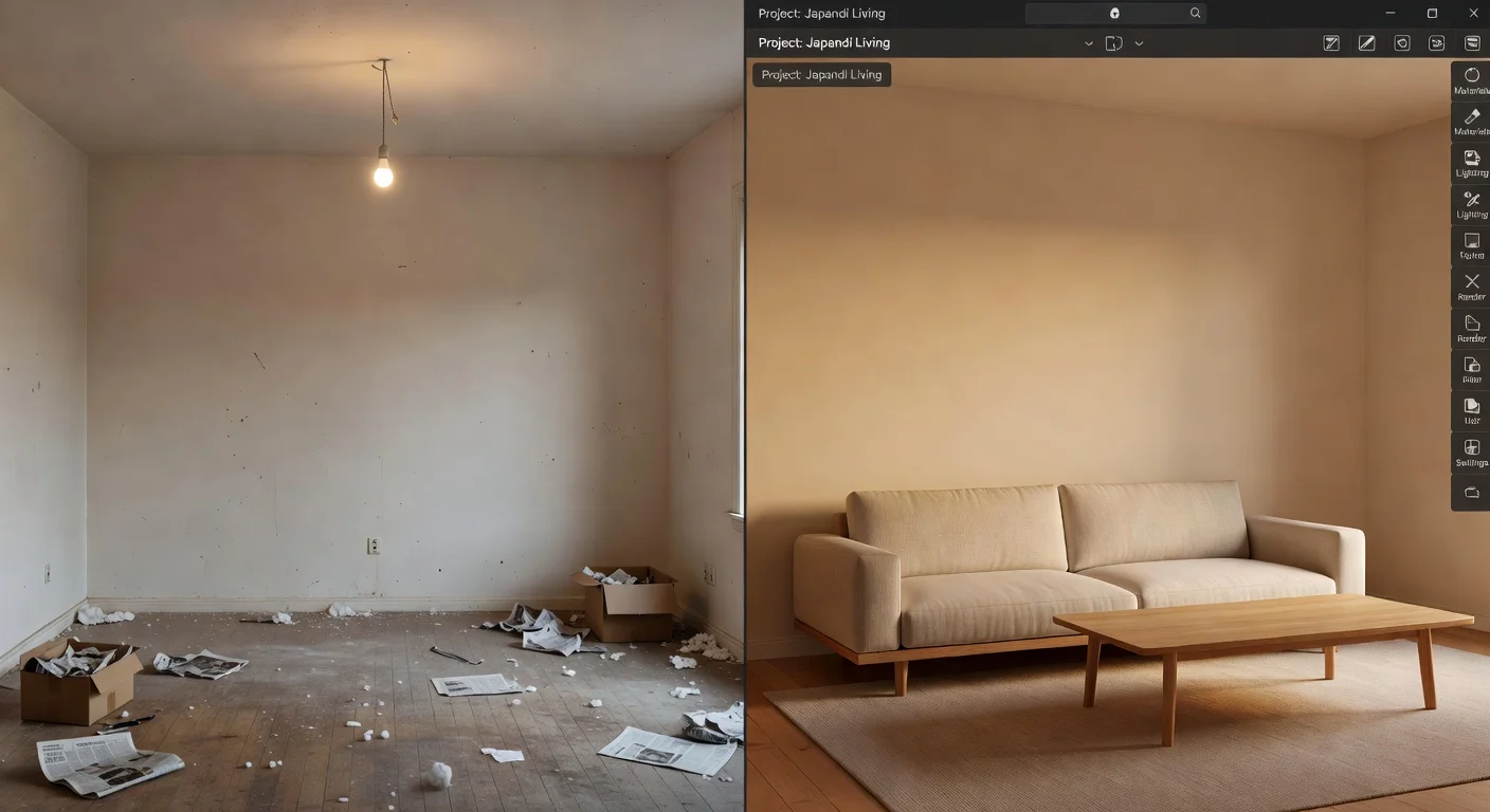 A split screen showing an empty bedroom on the left and a 3D rendered room planner layout on the right with modern furniture.