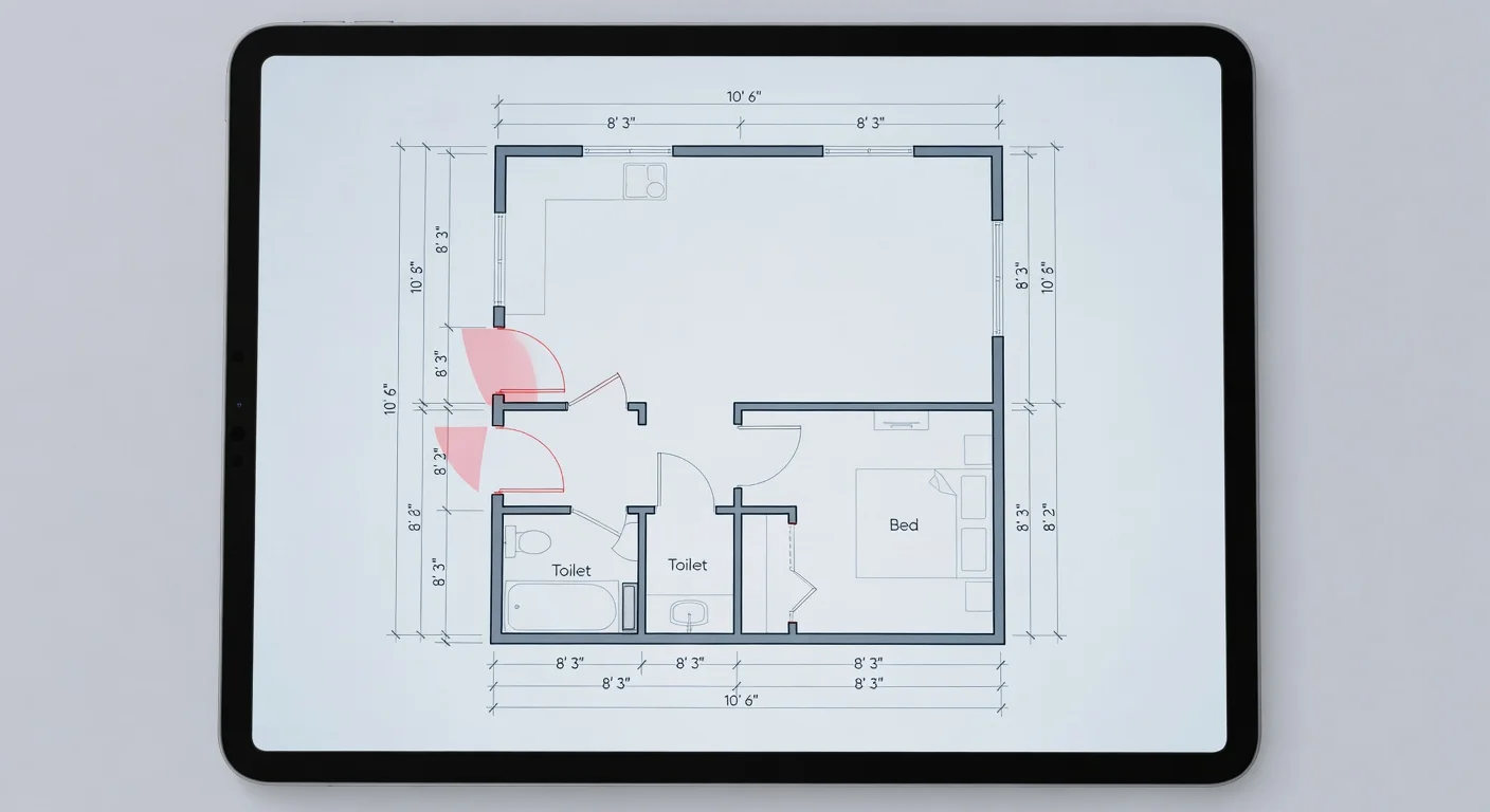 Top-down digital floor plan on a tablet showing door swing clearances.