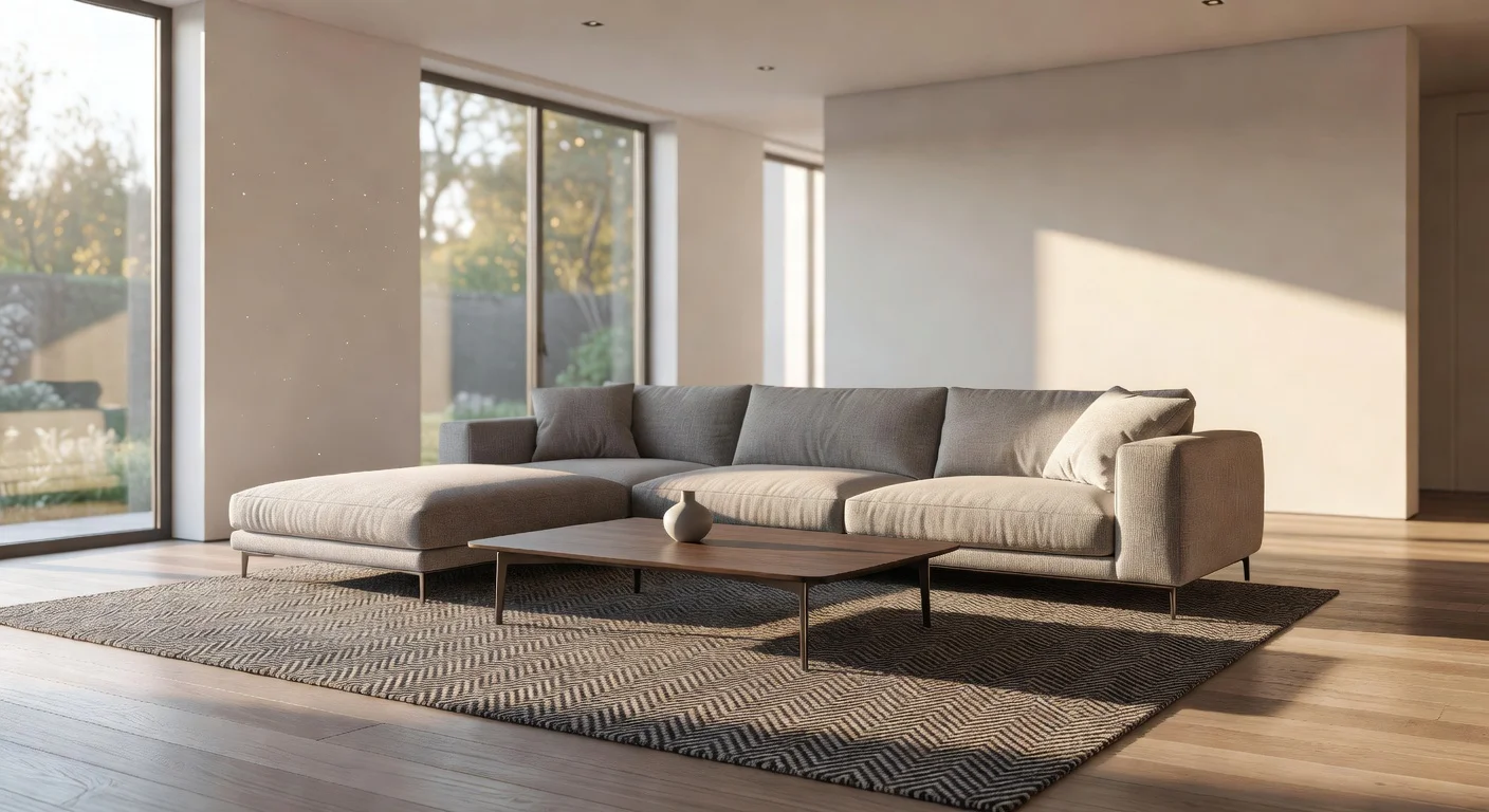 A well-lit, modern sala design featuring a streamlined sectional sofa and optimized traffic flow.