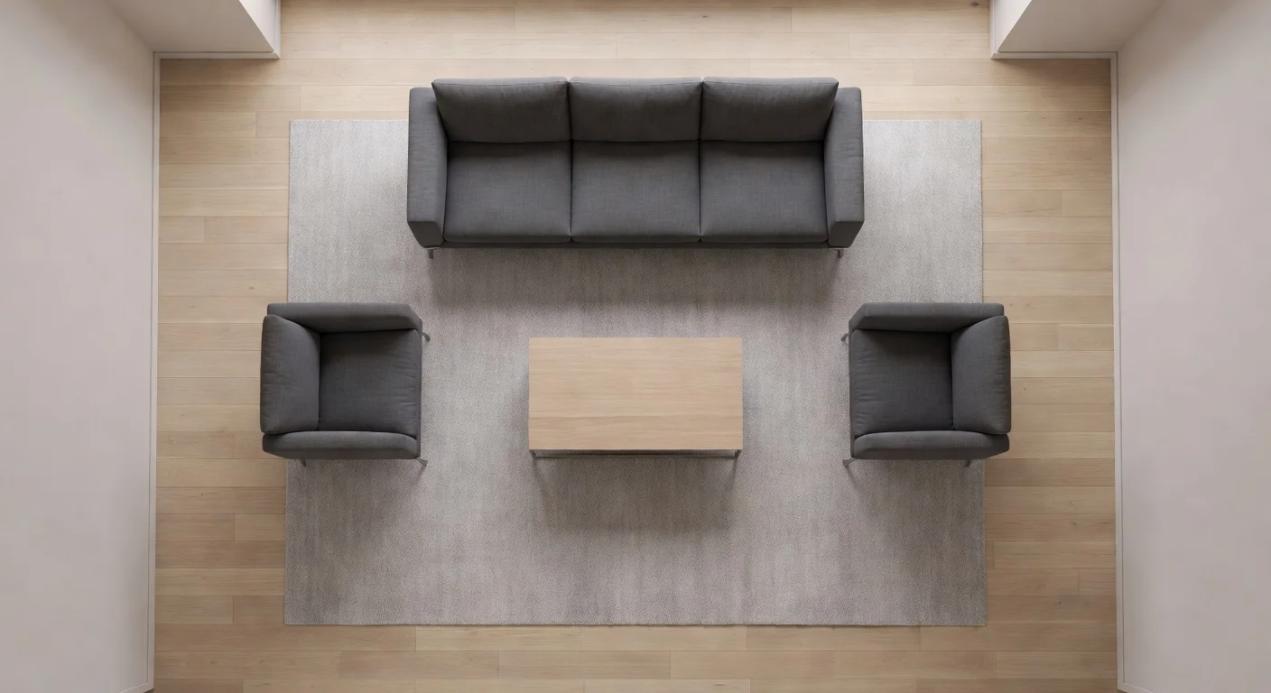 Proper space planning showing floating furniture to make a room look larger.
