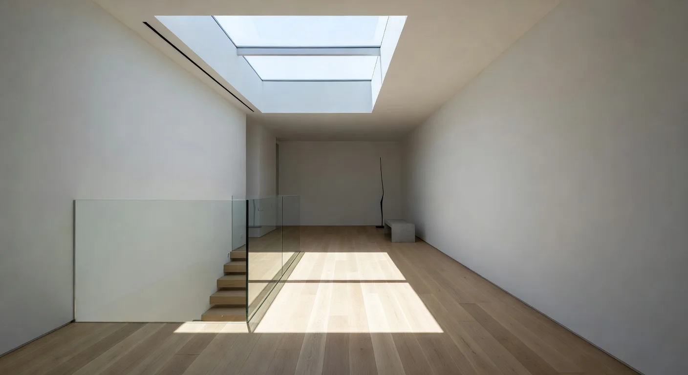 A modern second-floor hallway featuring a skylight and light oak flooring.